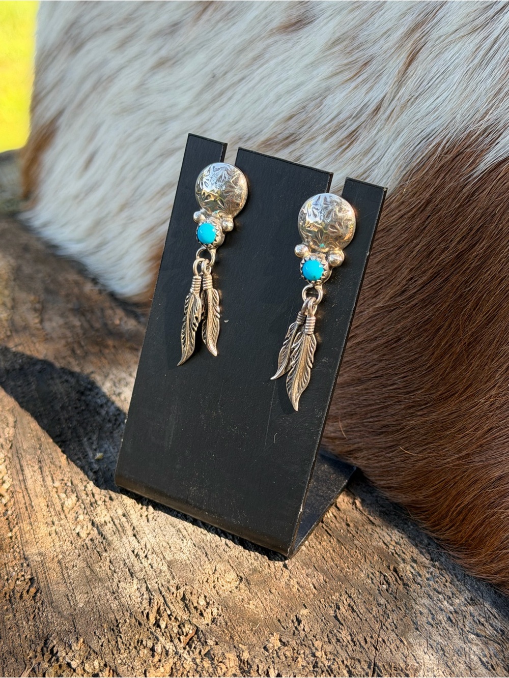 Native American- Styled Sterling Silver and Turquoise Feather Drop Earrings